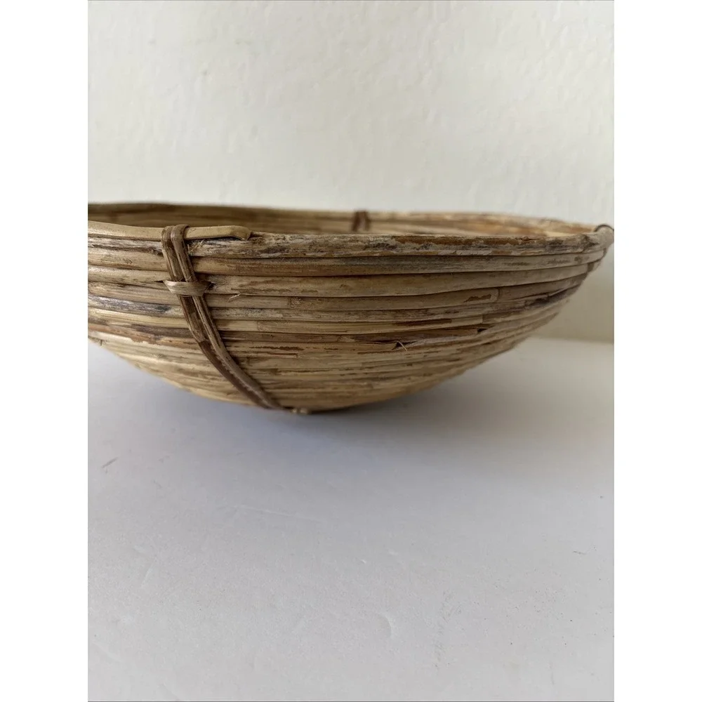 Vintage 60s MCM Pencil Reed Bamboo Rattan Bowl Basket Large